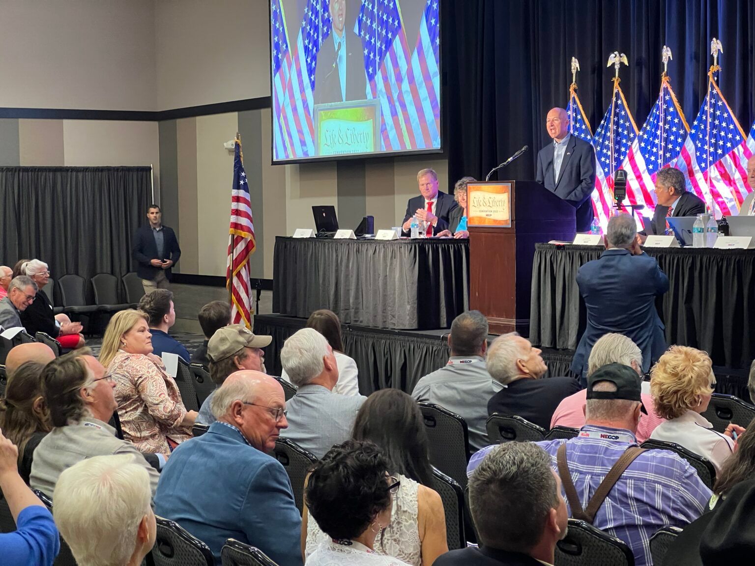 Nebraska Gov. Pete Ricketts addresses the Nebraska Republican Party convention in Kearney, Neb.