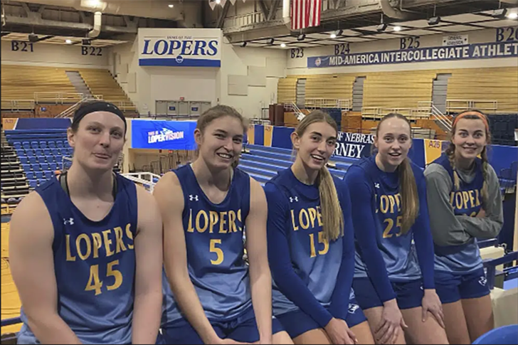 From left, Nebraska-Kearney basketball players Brooke Carlson, Elisa Backes, Maegan Holt, Shiloh McCool and Klaire Kirsch pose Jan. 5, 2023, at the University of Nebraska-Kearney Health and Recreation Center in Kearney, Nebraska.