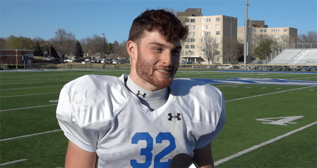RB Miko Maessner of Kearney participates in an interview during spring practice in 2022.