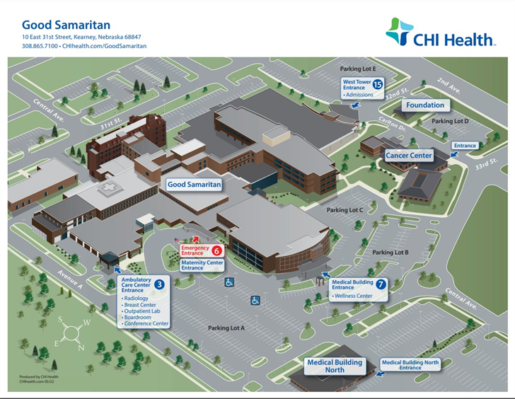 CHI Health Clinic Internal Medicine will relocate to the Medical Building North (see map–lowest building) starting June 19. General Surgery will follow on June 26, relocating to the second floor in the Medical Building-Entrance 7 (see map-lower middle bui