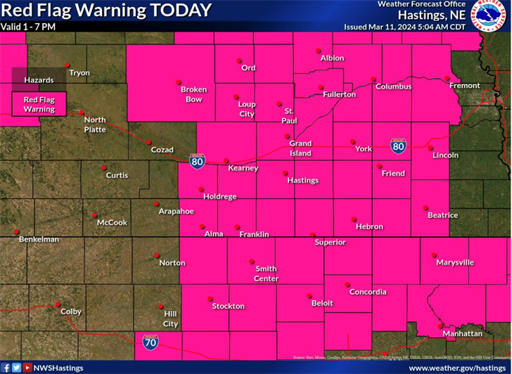 Dangerous fire weather conditions for most of Nebraska SOUTHEAST