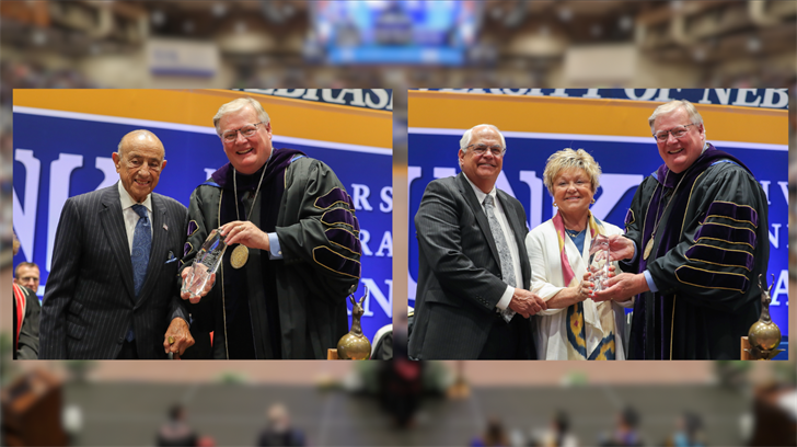 Chancellor Doug Kristensen with Michael Yanney (L) and Tami and Jerry Hellman (R)