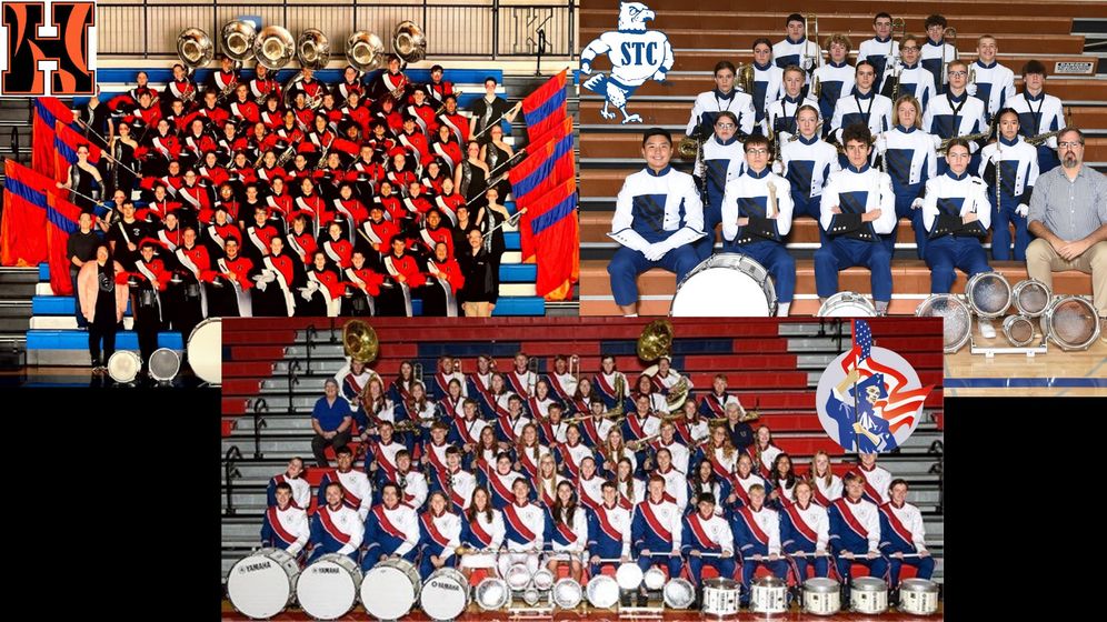 From top left to bottom: 2023-24 Hastings High Marching Band, 2023-24 Saint Cecilia Marching Band, 2023-24 Adams Central Marching Band