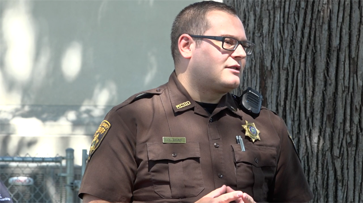 Capt. Jake Bauer makes a presentation outside of the Merrick County Courthouse in 2022. (NCN file image)