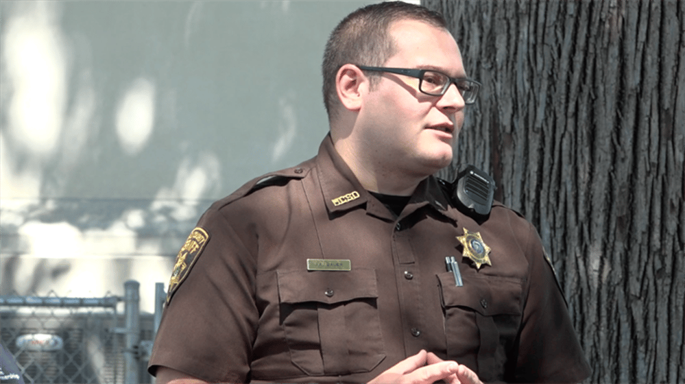 Capt. Jake Bauer makes a presentation outside of the Merrick County Courthouse in 2022. (NCN file image)