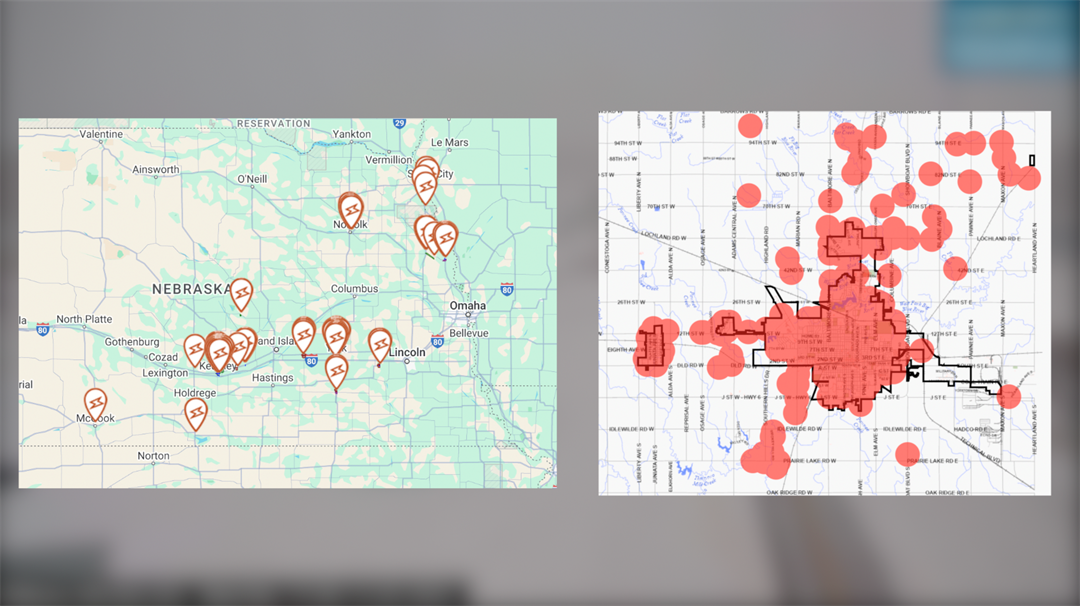 L: NPPD Outage Map. R: Hastings Utilities outage map