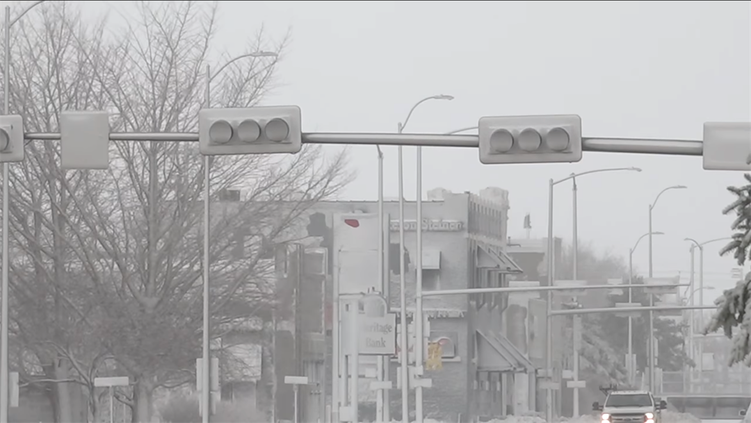Snow-covered buildings and street lights in Hastings on Wednesday.