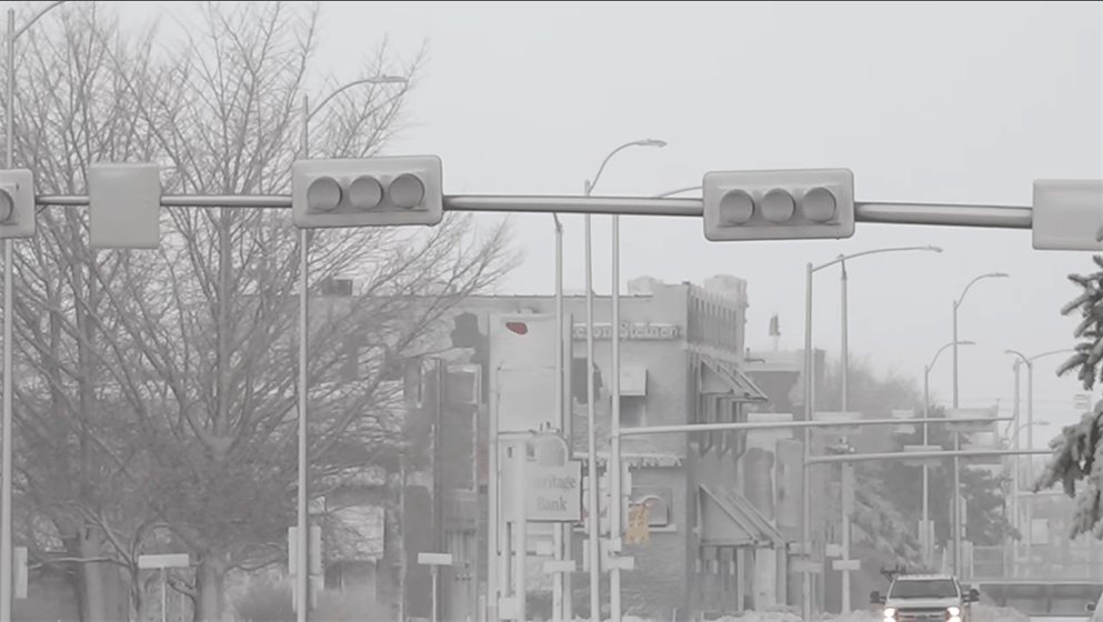 Snow-covered buildings and street lights in Hastings on Wednesday.