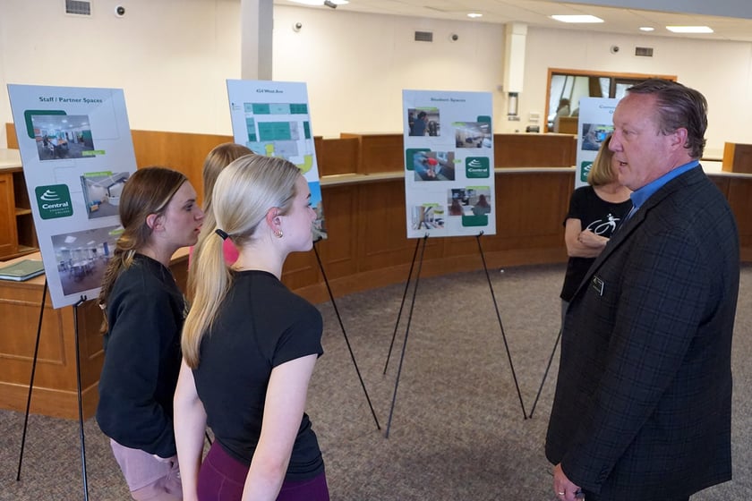 CC President Dr. Matt Gotschall (right) visits with students from Holdrege High School during an informational open house on May 15, 2024. (Photo courtesy of Central Community College.)
