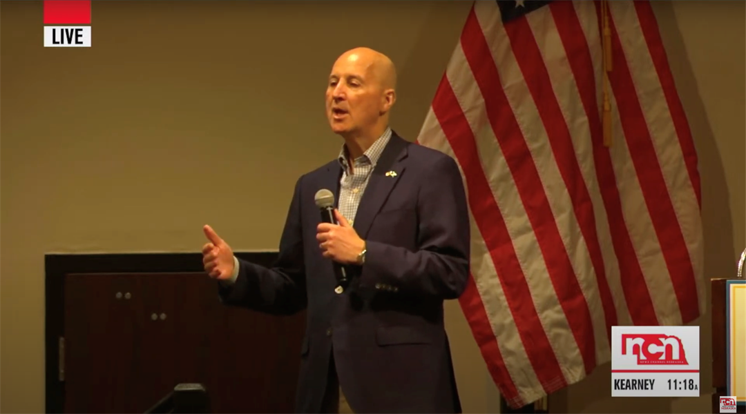 Sen. Pete Ricketts (R) of Nebraska speaks at a town hall in Kearney, Neb. on April 24.