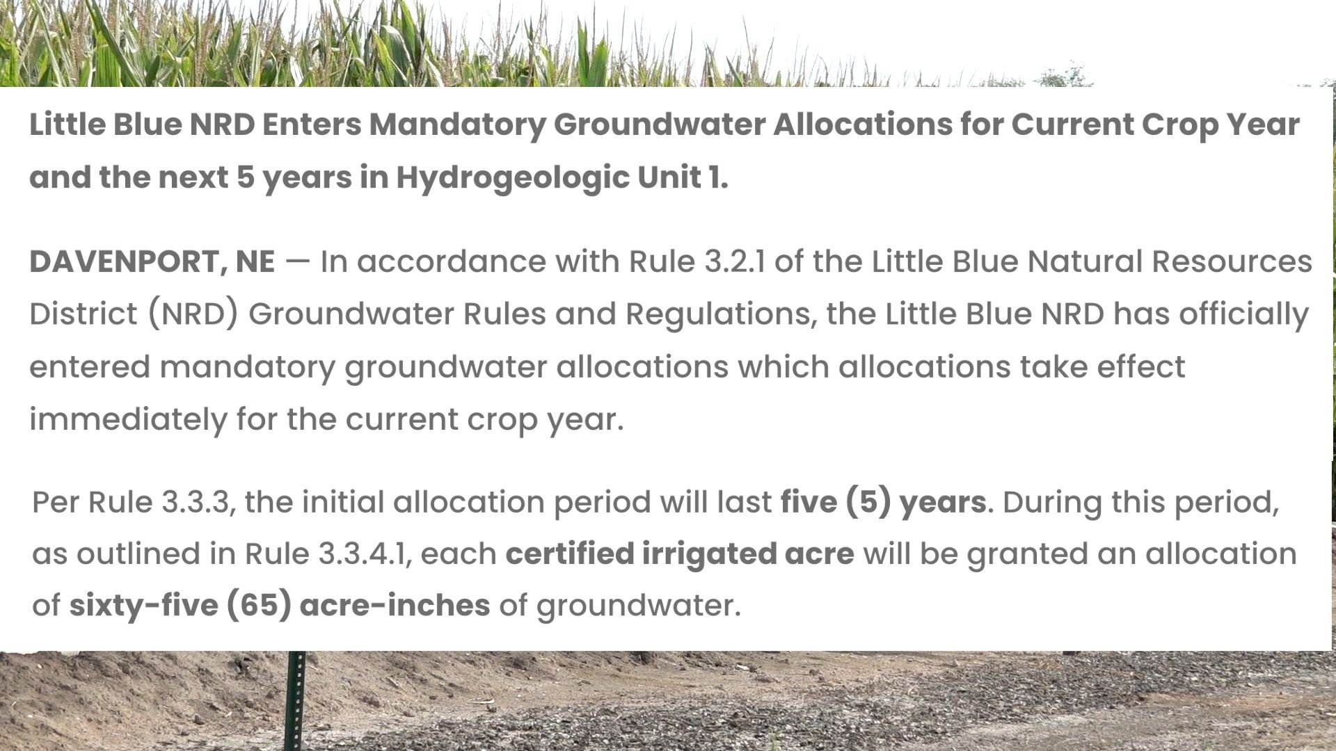 Little Blue NRD implementing mandatory water allocations due to low aquifer groundwater levels
